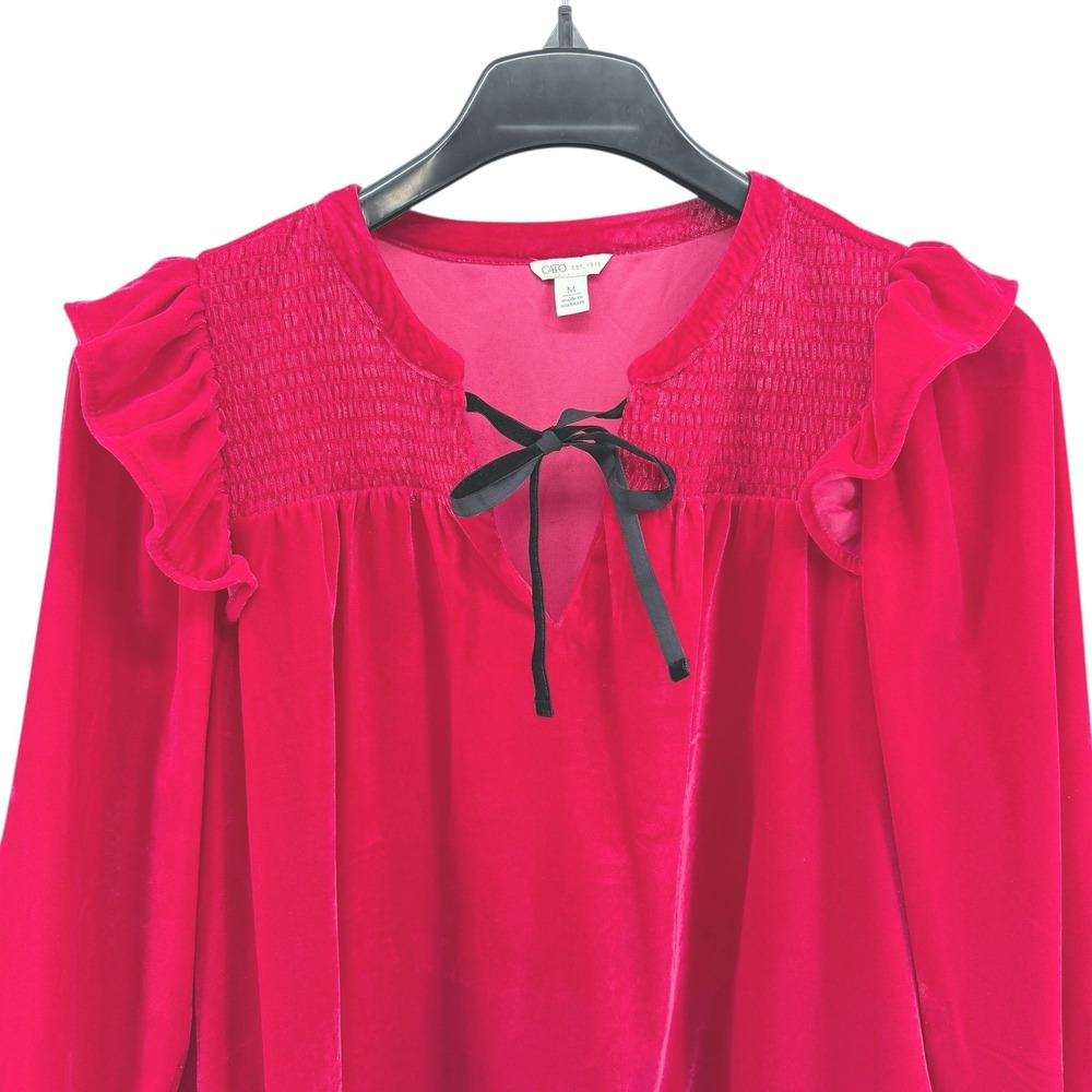 Cato Womens Medium Hot Pink Velvet Smocked Ruffle NeckTie Long Sleeve Blouse Top